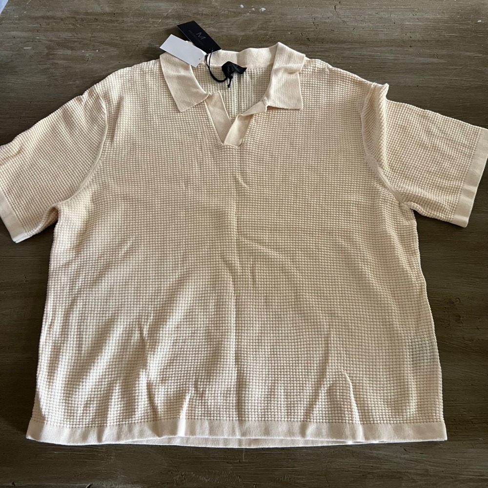NWT Magaschoni Mens XL Waffle Knit Polo Shirt Sand Cotton Johnny Collar Luxury
